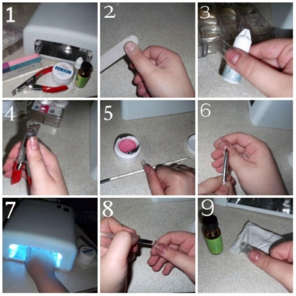 Extension of nails at home with gel, acrylic, on forms, using tips, napkins to yourself