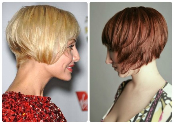 Bob haircut for short hair photo, front and back view. Bob bob with lengthening, bangs