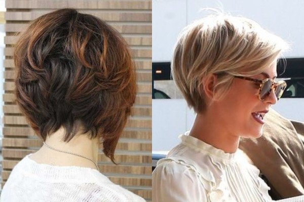 Bob haircut for short hair photo, front and back view. Bob bob with lengthening, bangs