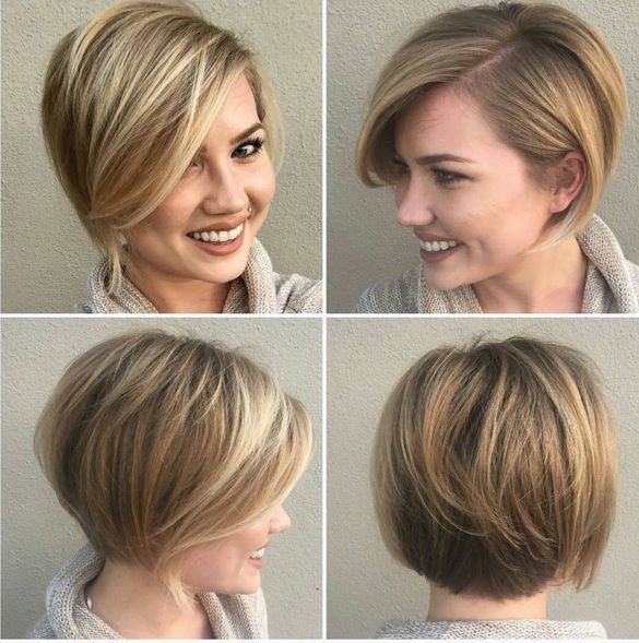 Bob haircut for short hair photo, front and back view. Bob bob with lengthening, bangs