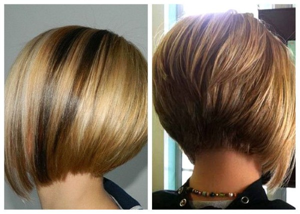 Bob haircut for short hair photo, front and back view. Bob bob with lengthening, bangs