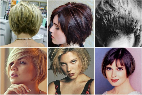 Bob haircut for short hair photo, front and back view. Bob bob with lengthening, bangs