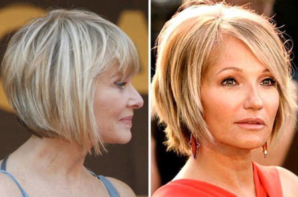 Bob haircut for short hair photo, front and back view. Bob bob with lengthening, bangs