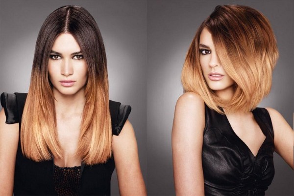 Highlights on dark medium hair. Fashionable color on tips, back and front view, photo