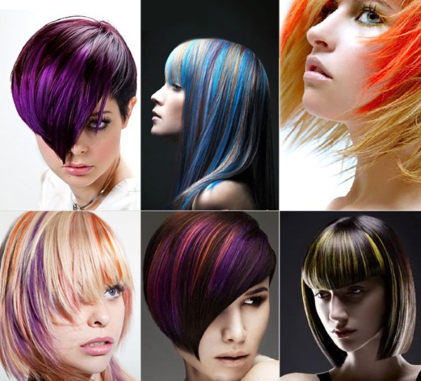 Highlights on dark medium hair. Fashionable color on tips, back and front view, photo