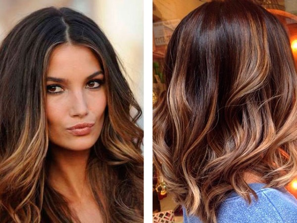 Highlights on dark medium hair. Fashionable color on tips, back and front view, photo