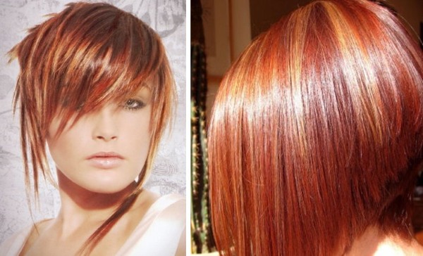 Highlights on dark medium hair. Fashionable color on tips, back and front view, photo