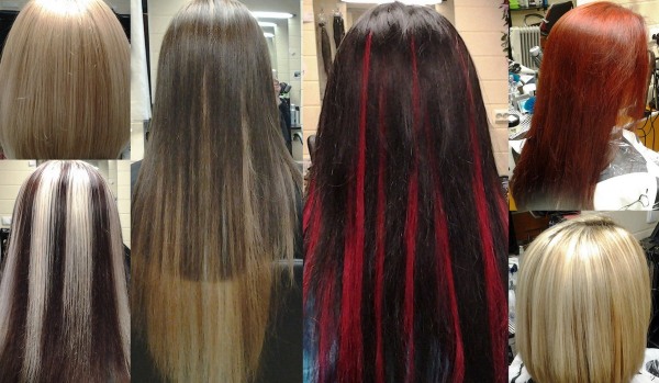 Highlights on dark medium hair. Fashionable color on tips, back and front view, photo