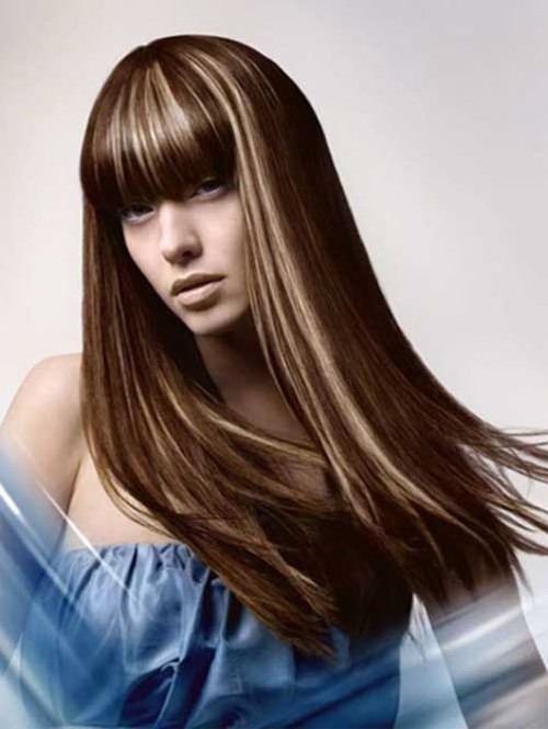 Highlights on dark medium hair. Fashionable color on tips, back and front view, photo