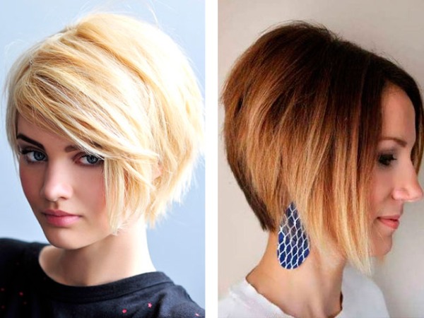 Haircut bob for short hair, bob bob, bob cascade, for lengthening, with bangs, on a leg, graduated. A photo