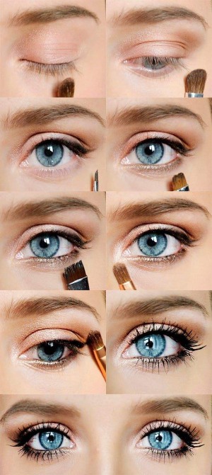 Makeup for blue eyes and light brown hair for every day and celebration. Step-by-step instructions for performing with a photo