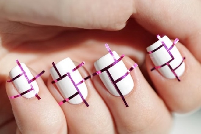 Nail design with tape for short and long nails. Photos, ideas with rhinestones, scotch tape. Master class: how to make a manicure with gel polish