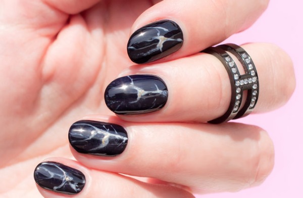 Nail design in black, with black varnish, gold, silver, rhinestones. New items and photos