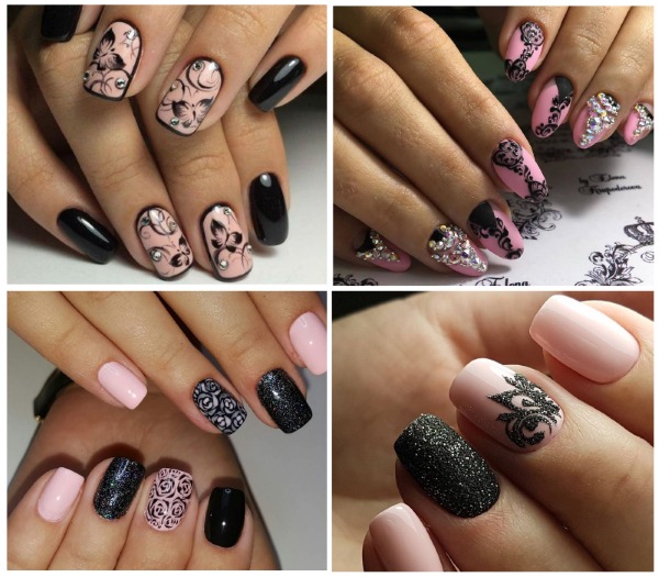 Nail design in black, with black varnish, gold, silver, rhinestones. New items and photos