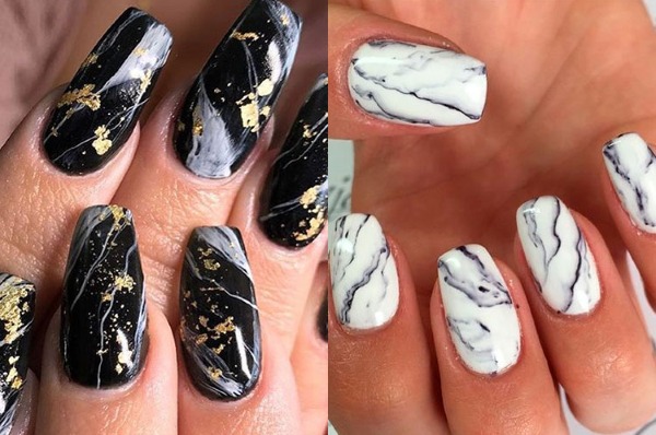 Nail design in black, with black varnish, gold, silver, rhinestones. New items and photos