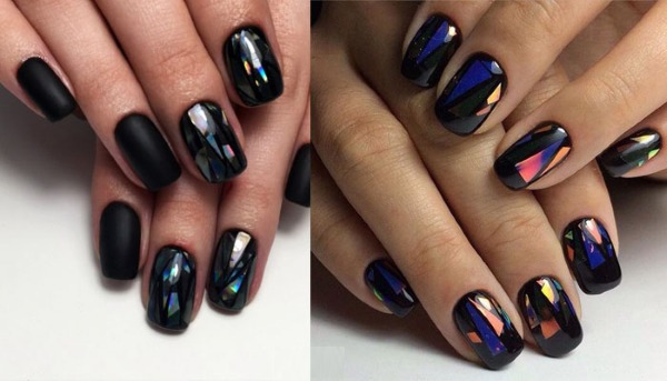 Nail design in black, with black varnish, gold, silver, rhinestones. New items and photos