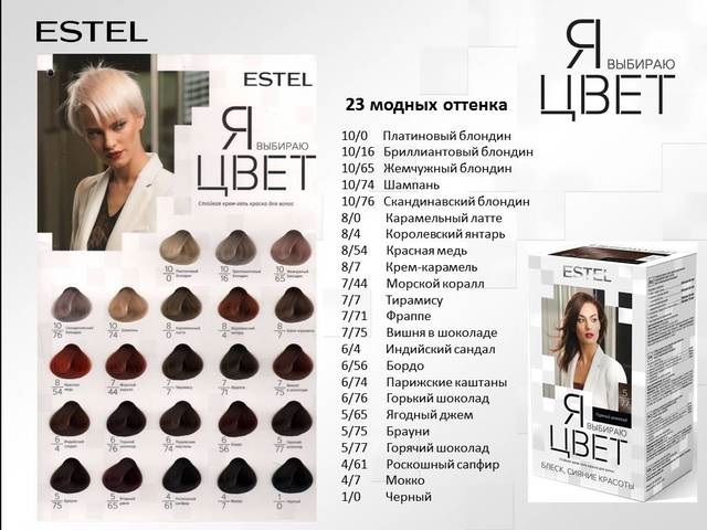 Estelle paint. Color palette, hair photo: numbers, names of shades of all series: Deluxe, Blond, Essex, Princesses, Couture, Newton