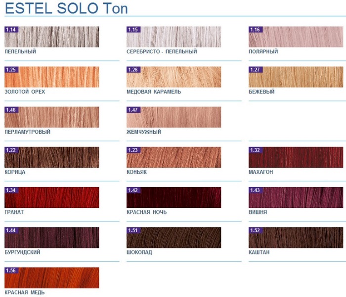 Estelle paint. Color palette, hair photo: numbers, names of shades of all series: Deluxe, Blond, Essex, Princesses, Couture, Newton