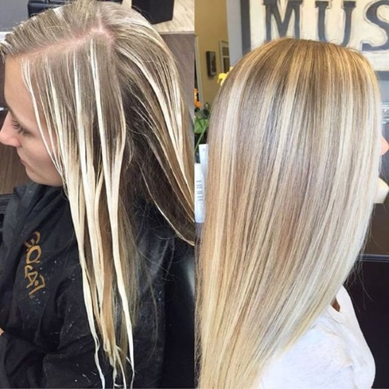 Balayage per capelli biondi di media lunghezza, corti, lunghi, tecnica di tintura con oscuramento, foto