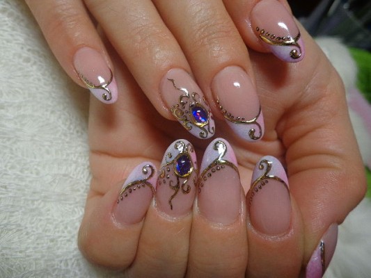 French on almond-shaped nails 2020: classic, moon, with rhinestones, stones, pattern, lace, inverted, reverse, geometric. A photo