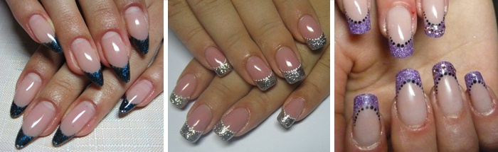 French on almond-shaped nails 2020: classic, moon, with rhinestones, stones, pattern, lace, inverted, reverse, geometric. A photo