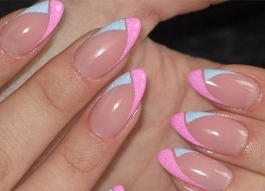 French on almond-shaped nails 2020: classic, moon, with rhinestones, stones, pattern, lace, inverted, reverse, geometric. A photo