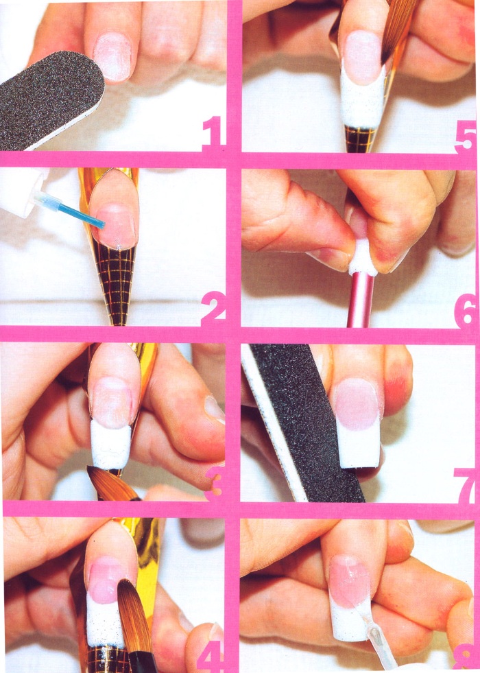 How to apply powder to gel polish. Step by step instructions correctly using a sponge, acrylic. A photo