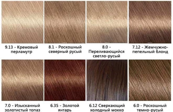 Garnier hair dye. Color palette, photo: Naturals, Senseishen, Shine, Olia, caramel, alder, pearl-ash, dark blond, sandy shore, light blond