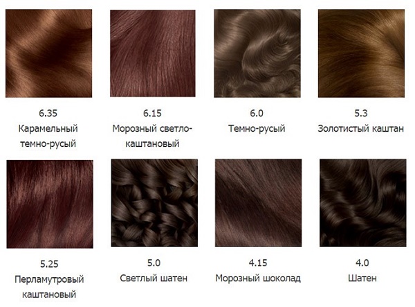 Garnier hair dye. Color palette, photo: Naturals, Senseishen, Shine, Olia, caramel, alder, pearl-ash, dark blond, sandy shore, light blond