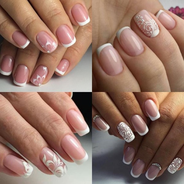 Delicate manicure 2020. Fashion trends, photos.French design, with rhinestones, sparkles, rubbing, flowers, drawings, holes