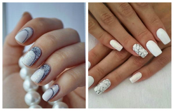 Manicure bianca. Foto, nuovo design 2020 per unghie corte e lunghe con sfregamento, pietre, scintillii, argento, oro, francese con motivo, strass