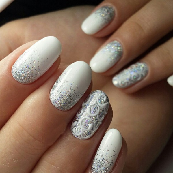 White manicure. Photo, new design 2020 for short and long nails with rubbing, stones, sparkles, silver, gold, French with a pattern, rhinestones