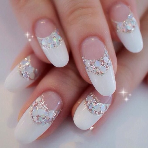 White manicure. Photo, new design 2020 for short and long nails with rubbing, stones, sparkles, silver, gold, French with a pattern, rhinestones