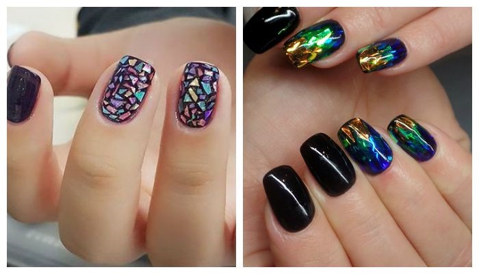 Manicure design on short nails with gel polish. Photo for winter, spring, summer, autumn 2020, dark manicure, with rhinestones, sparkles, acrylic powder, french