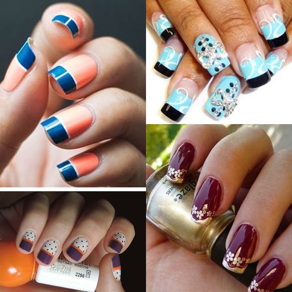 Design per manicure per unghie corte con smalto gel. Foto per inverno, primavera, estate, autunno 2020, manicure scura, con strass, scintillii, polvere acrilica, french