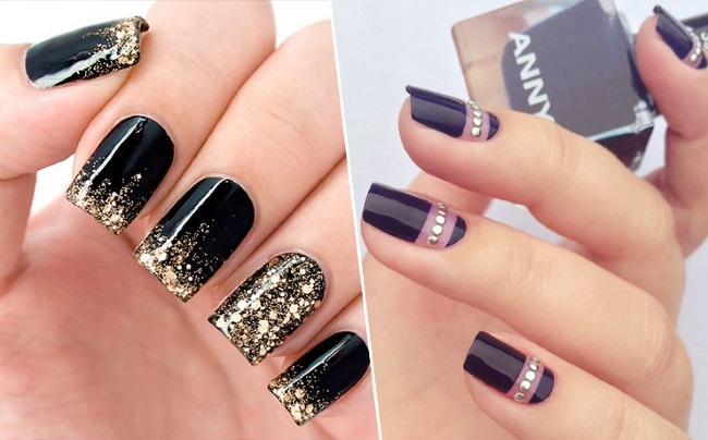 Manicure design on short nails with gel polish. Photo for winter, spring, summer, autumn 2020, dark manicure, with rhinestones, sparkles, acrylic powder, french