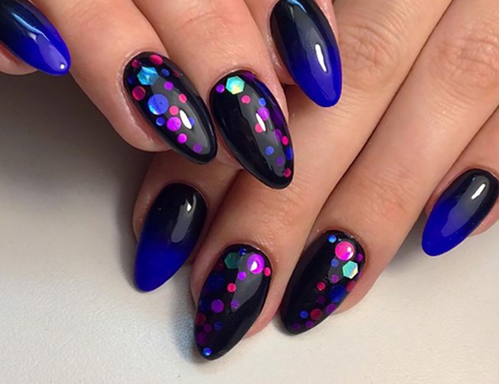 Manicure design on short nails with gel polish. Photo for winter, spring, summer, autumn 2020, dark manicure, with rhinestones, sparkles, acrylic powder, french