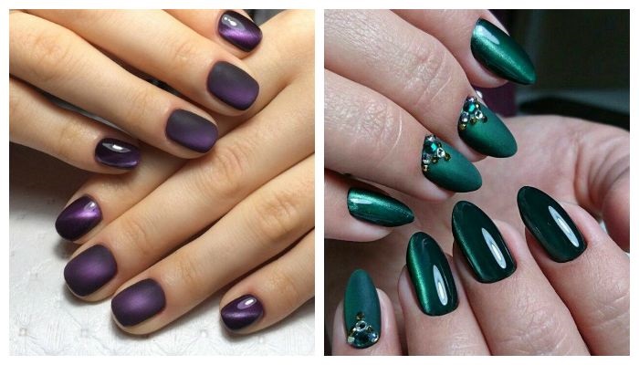 Design manicure su unghie corte con smalto gel. Foto per inverno, primavera, estate, autunno 2020, manicure scura, con strass, scintillii, polvere acrilica, french