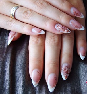 French on almond-shaped nails: new 2020. Design with rhinestones, sparkles, rubbing, gel polish pattern