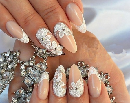 French on almond-shaped nails: new items 2020. Design with rhinestones, sparkles, rubbing, gel polish pattern