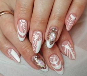 French on almond-shaped nails: new 2020. Design with rhinestones, sparkles, rubbing, gel polish pattern