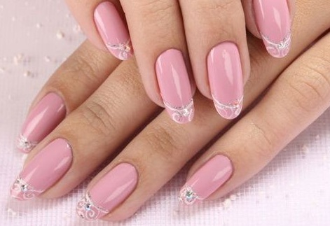 French on almond-shaped nails: new items 2020. Design with rhinestones, sparkles, rubbing, gel polish pattern