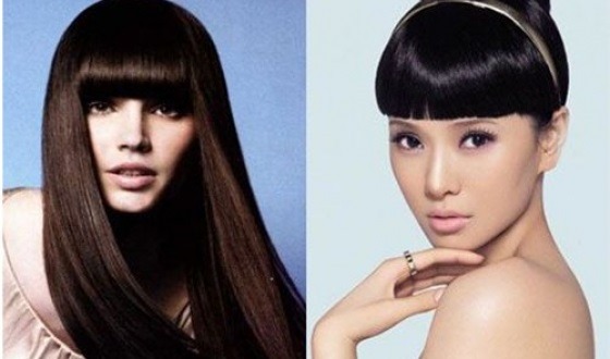 Oblique bangs for long hair, medium, short, square. Haircut for torn, elongated bangs. A photo