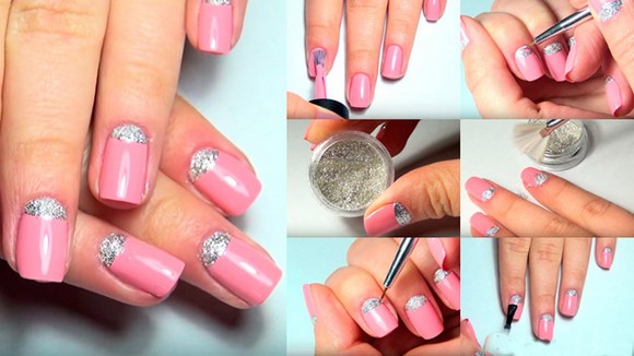 Smalto gel per manicure delicatamente rosa con scintillii, sfregamenti, strass, argento, nero, bianco, blu, oro. Una foto