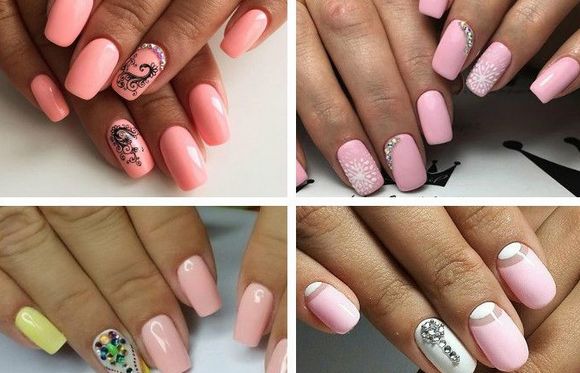 Smalto gel per manicure delicatamente rosa con scintillii, sfregamenti, strass, argento, nero, bianco, blu, oro. Una foto