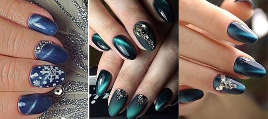 Manicure gel polish with rhinestones. Fashion trends, photos with broths, sparkles, rubbing, french, the most beautiful design