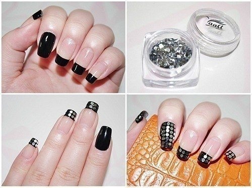 Manicure gel polish with rhinestones. Fashion trends, photos with broths, sparkles, rubbing, french, the most beautiful design