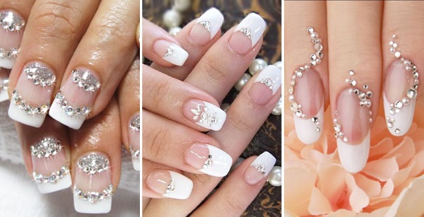 Manicure gel polish with rhinestones. Fashion trends, photos with broths, sparkles, rubbing, french, the most beautiful design