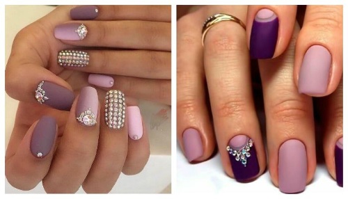 Manicure gel polish with rhinestones. Fashion trends, photos with broths, sparkles, rubbing, french, the most beautiful design