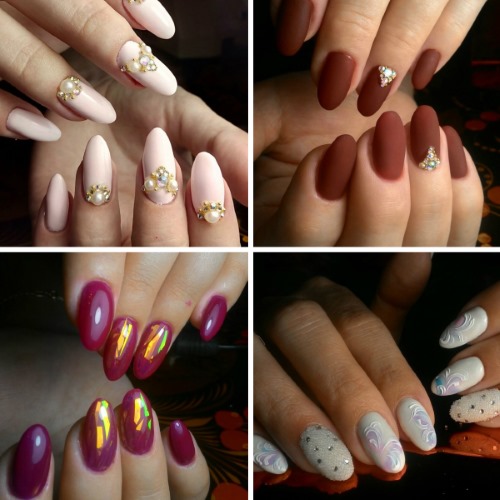 Almond-shaped nails. Fashion trends in design 2020, photo: pale, French, nude, ombre, with sparkles, rhinestones, rub